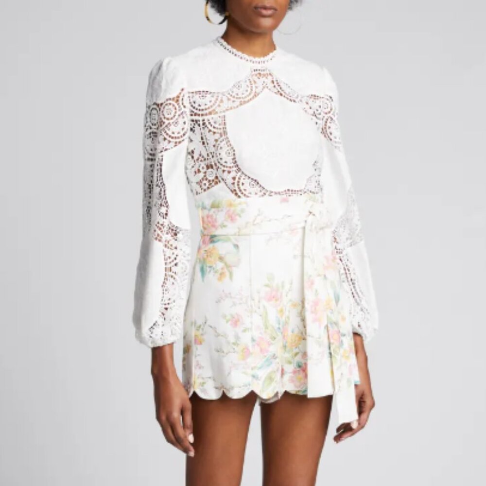Zimmerman White Bonita Crochet Embroidered Long-Sleeve Top Blouse AU 2